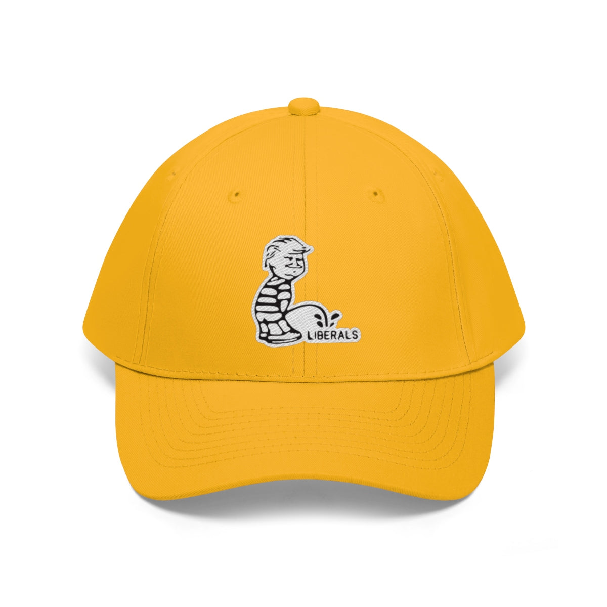 Trump USA Pride Embroidered Twill Cap featuring a cartoon design and bold yellow color.