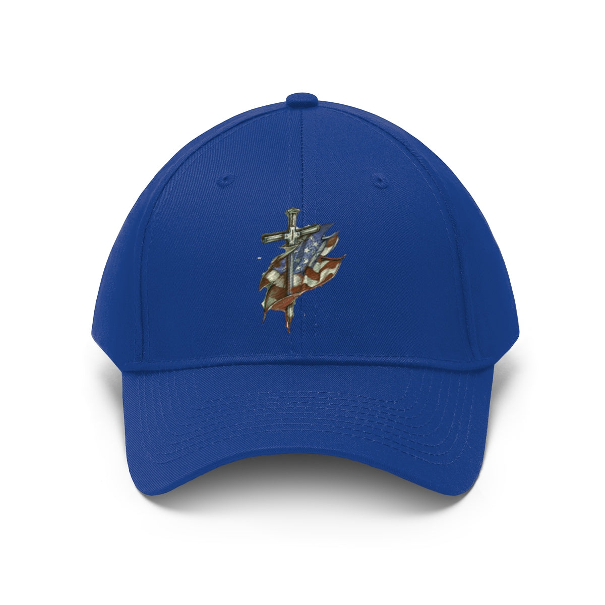 Dagger and Sword Embroidered Twill Cap featuring intricate embroidery on a blue cap.