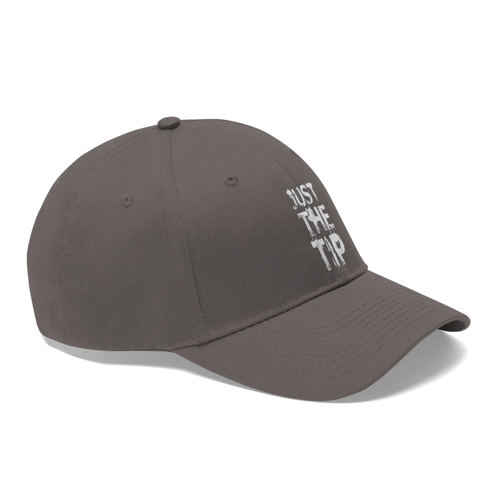 Just The Tip Funny Quote Twill Baseball Cap in gray with humorous text design.