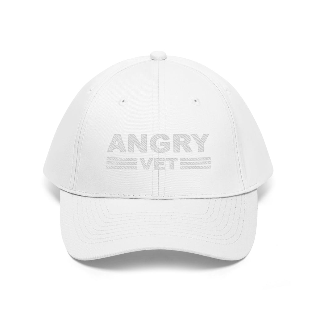 Angry Vet Twill Cap Veteran Pride Graphic Hat featuring a bold white design for military veterans.