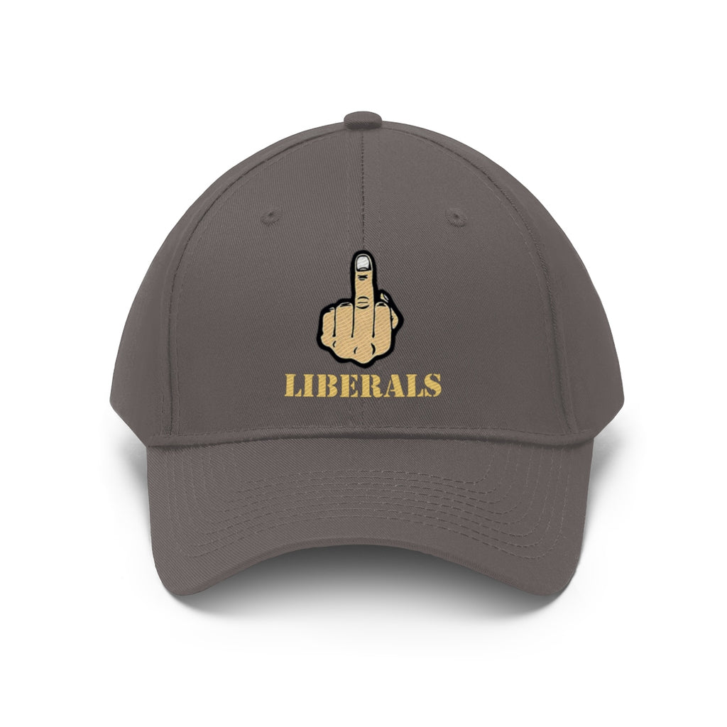 Vintage Fuck Liberals Cotton Twill Cap Design with graphic of raised middle finger and text 'LIBERALS'