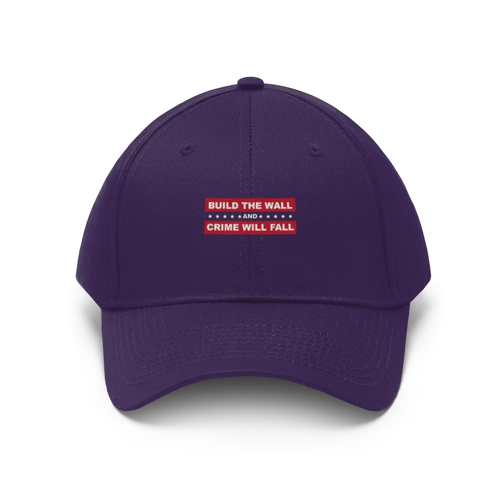 Build The Wall And Crime Will Fall Twill Cap in purple color with red slogan.