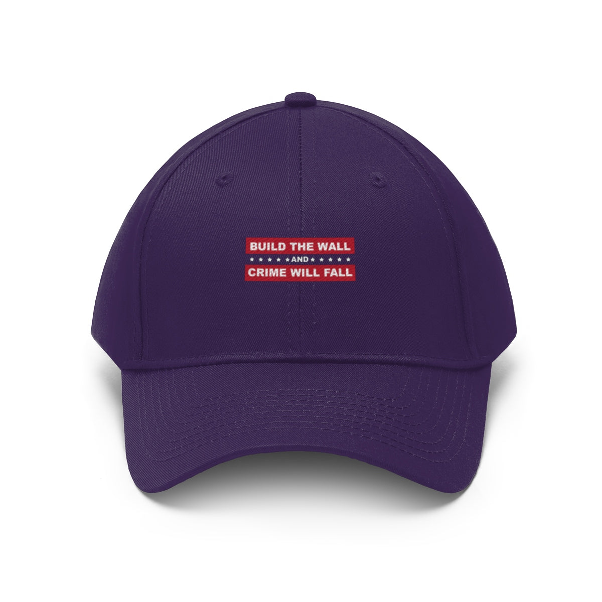 Build The Wall And Crime Will Fall Twill Cap in purple color with red slogan.