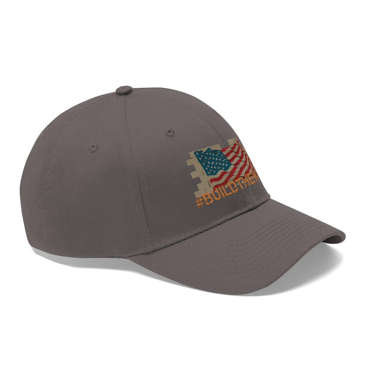 Build The Wall On American Flag Twill Cap featuring American flag design on gray cap.