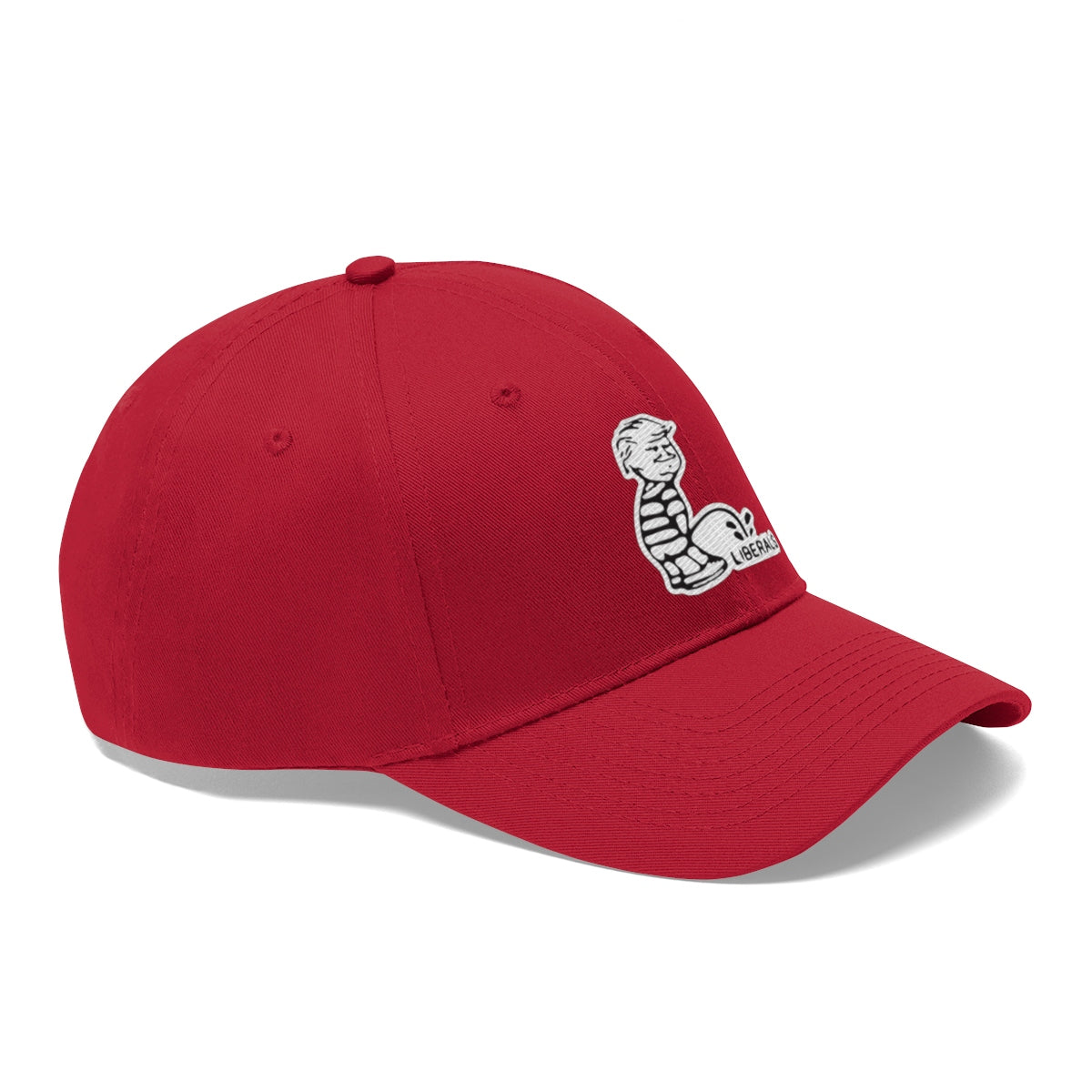 Trump USA Pride Embroidered Twill Cap in red with presidential branding and intricate embroidery.