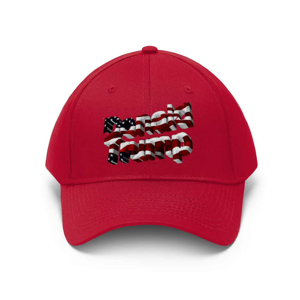 Donald Trump With American Flag Colors Twill Cap featuring red fabric and patriotic design.