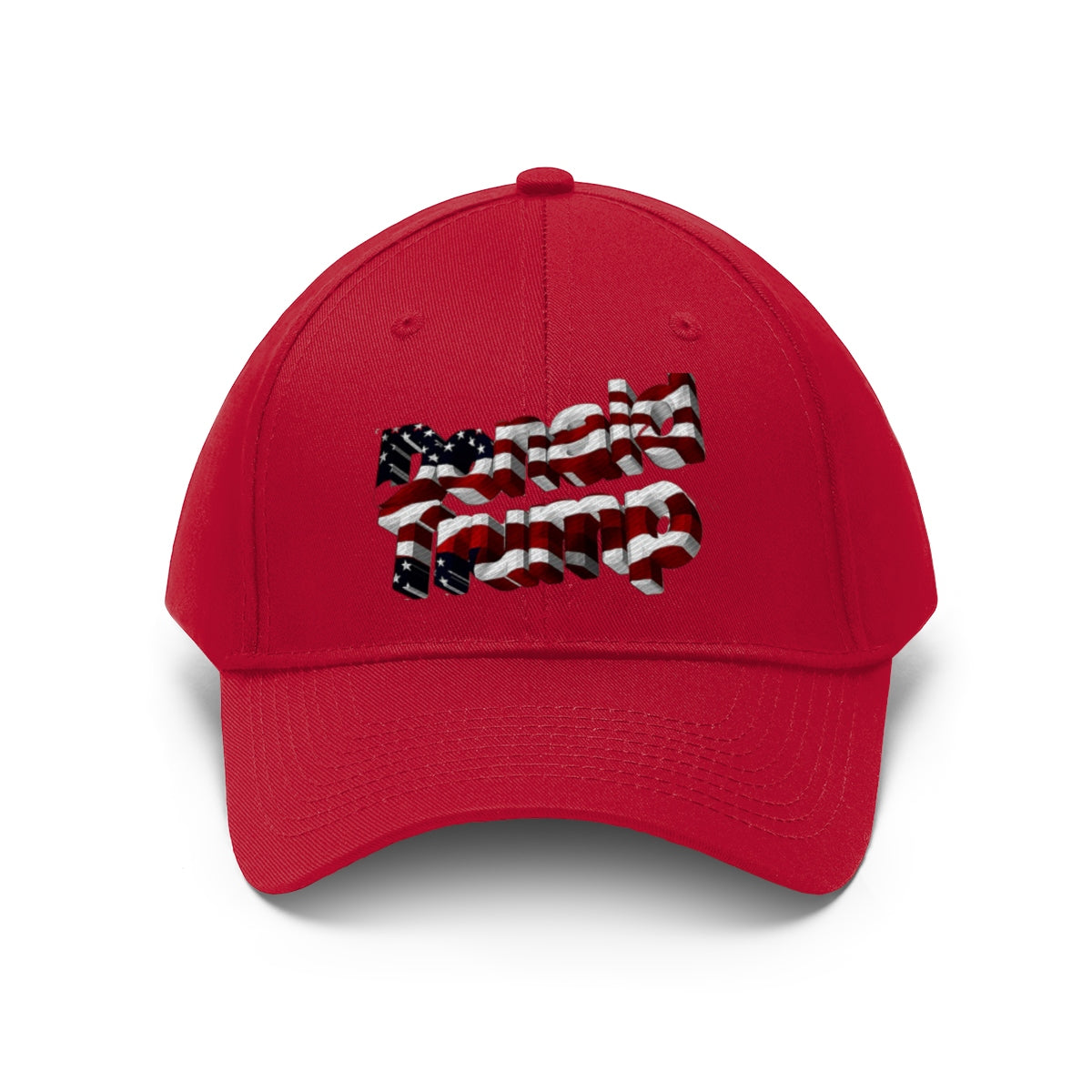 Donald Trump With American Flag Colors Twill Cap featuring red fabric and patriotic design.