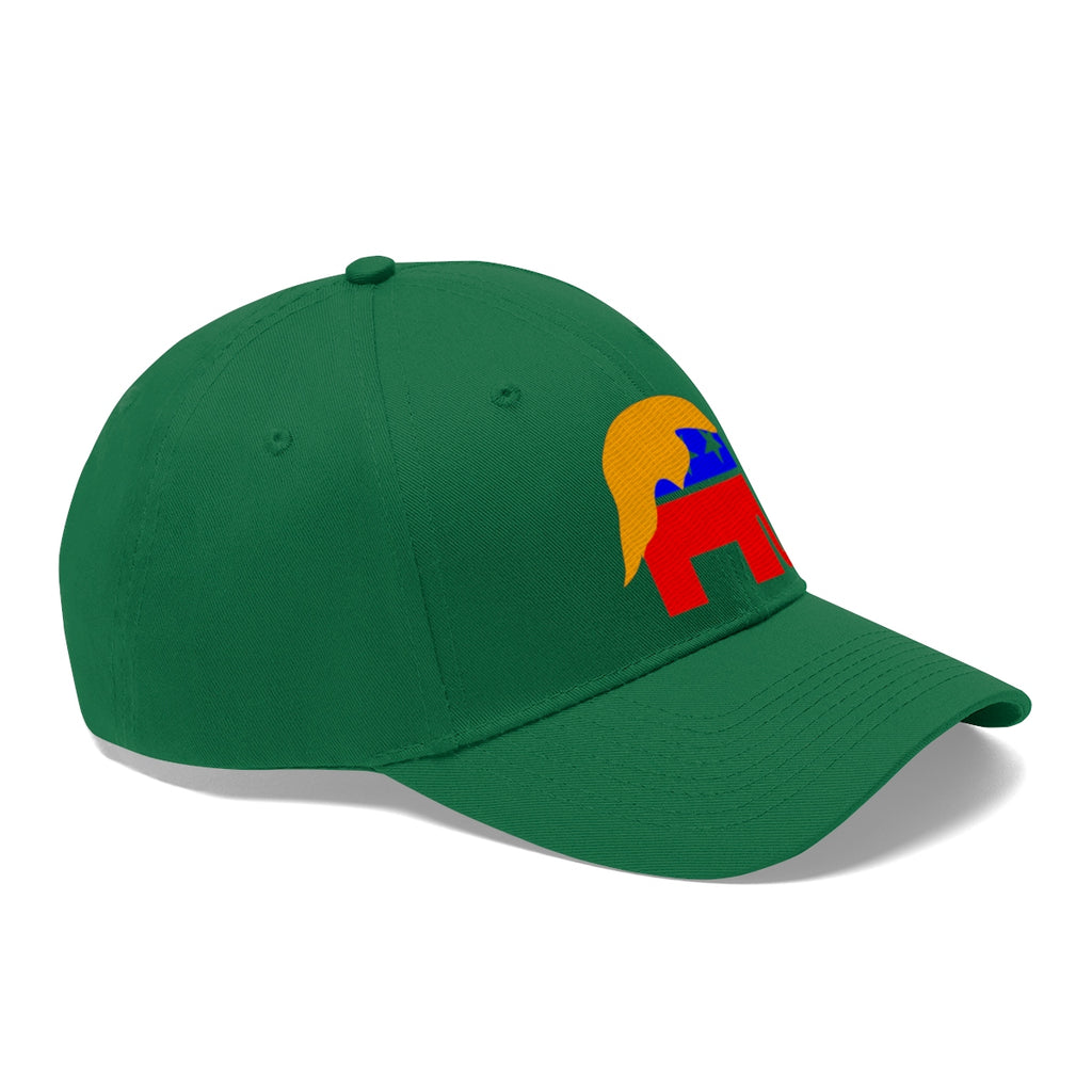 GOP Symbol With Trump Hair Twill Cap featuring vibrant colors and a distinctive design.