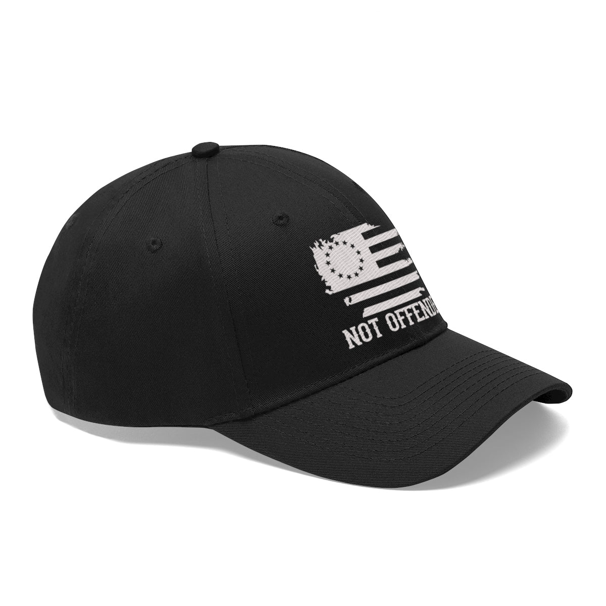 Embroidered Not Offended Adjustable Twill Cap showcasing a unique design with a bold statement on a black background.