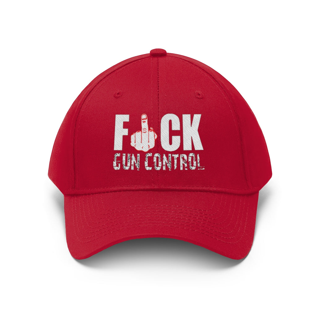 Fuck Gun Control Red Finger Twill Baseball Cap showcasing bold design and provocative message on a vibrant red cap.