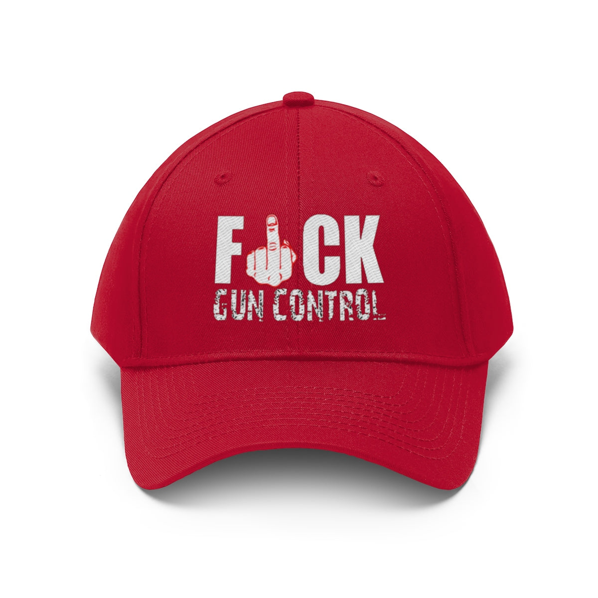 Fuck Gun Control Red Finger Twill Baseball Cap showcasing bold design and provocative message on a vibrant red cap.