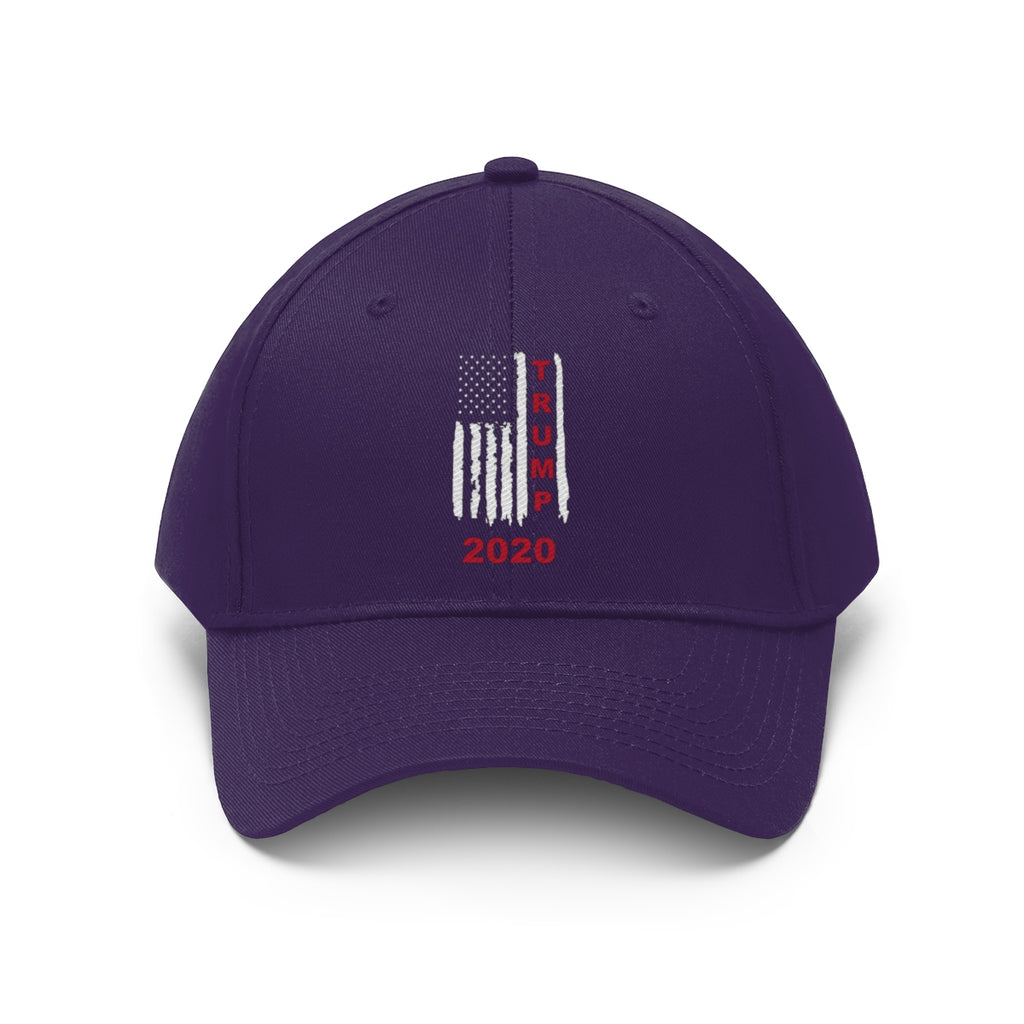 Trump 2020 Red On Distressed American Flag Twill Cap featuring a patriotic design and bold lettering.