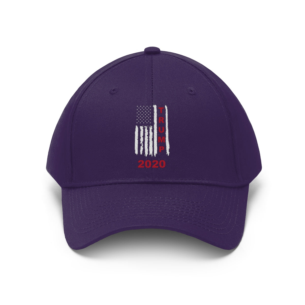 Trump 2020 Red On Distressed American Flag Twill Cap featuring a patriotic design and bold lettering.