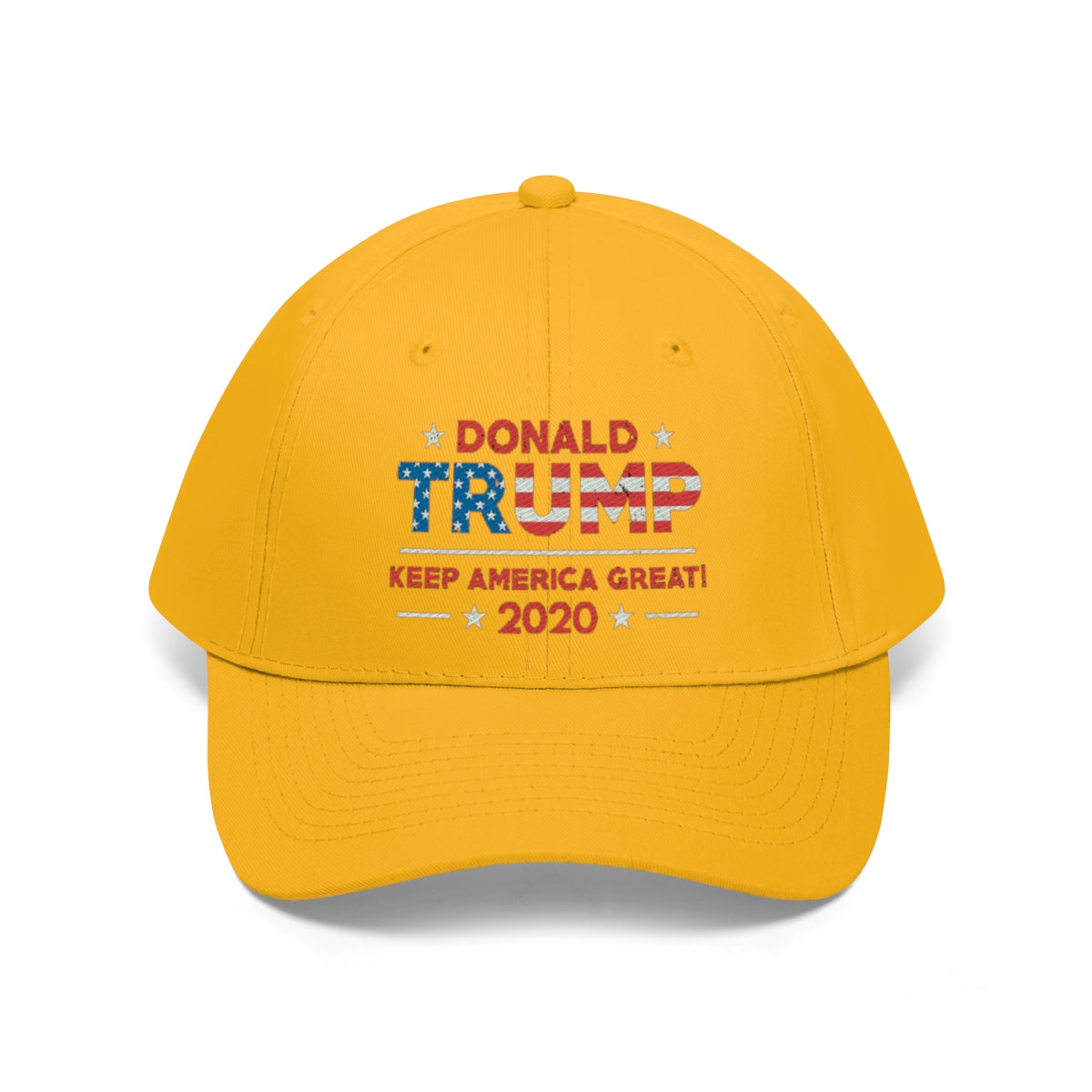 Donald Trump Keep America Great 2020 Twill Cap in yellow with vibrant slogan design.