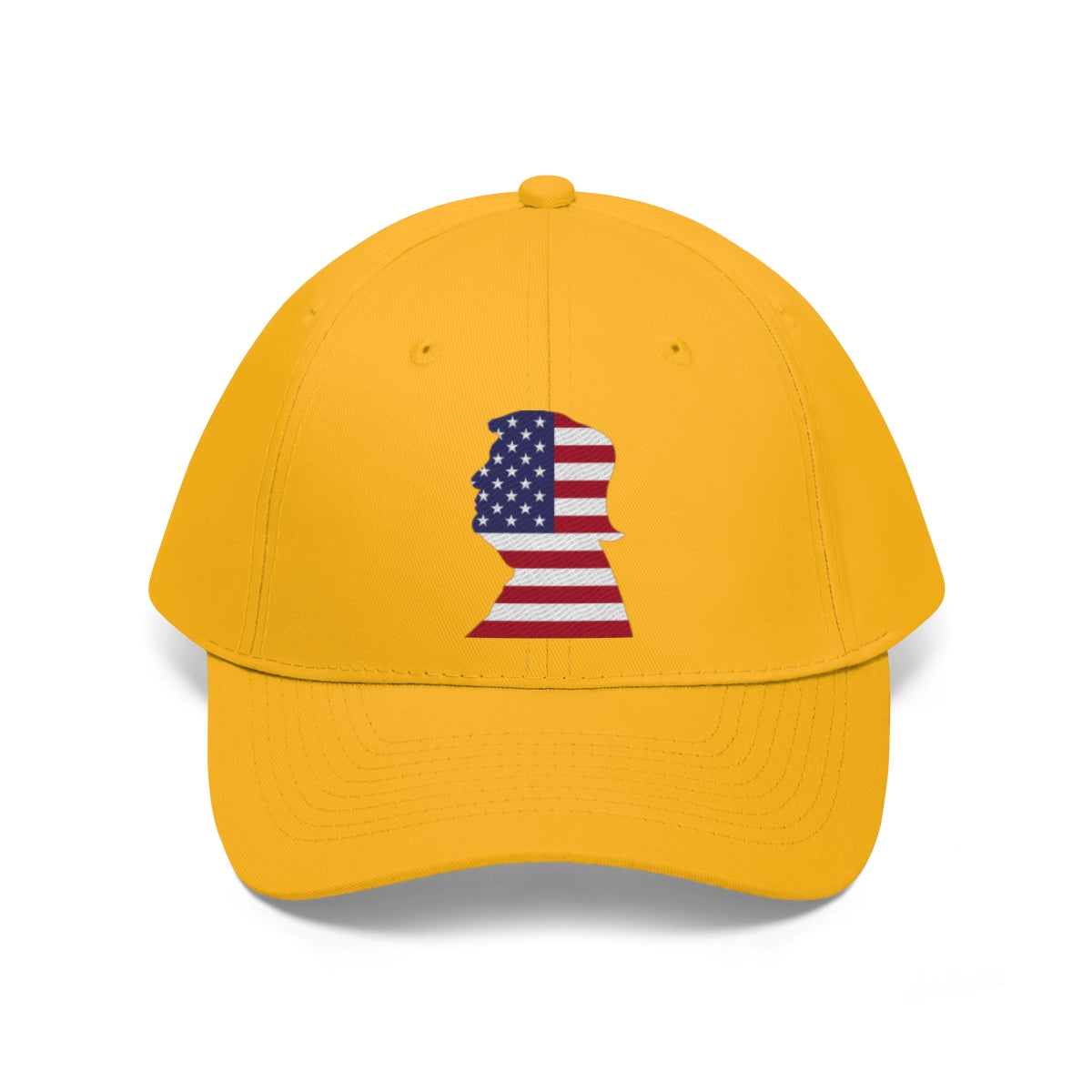 Trump American Flag SilhouetteTwill Cap featuring a yellow cap with a Trump silhouette design.