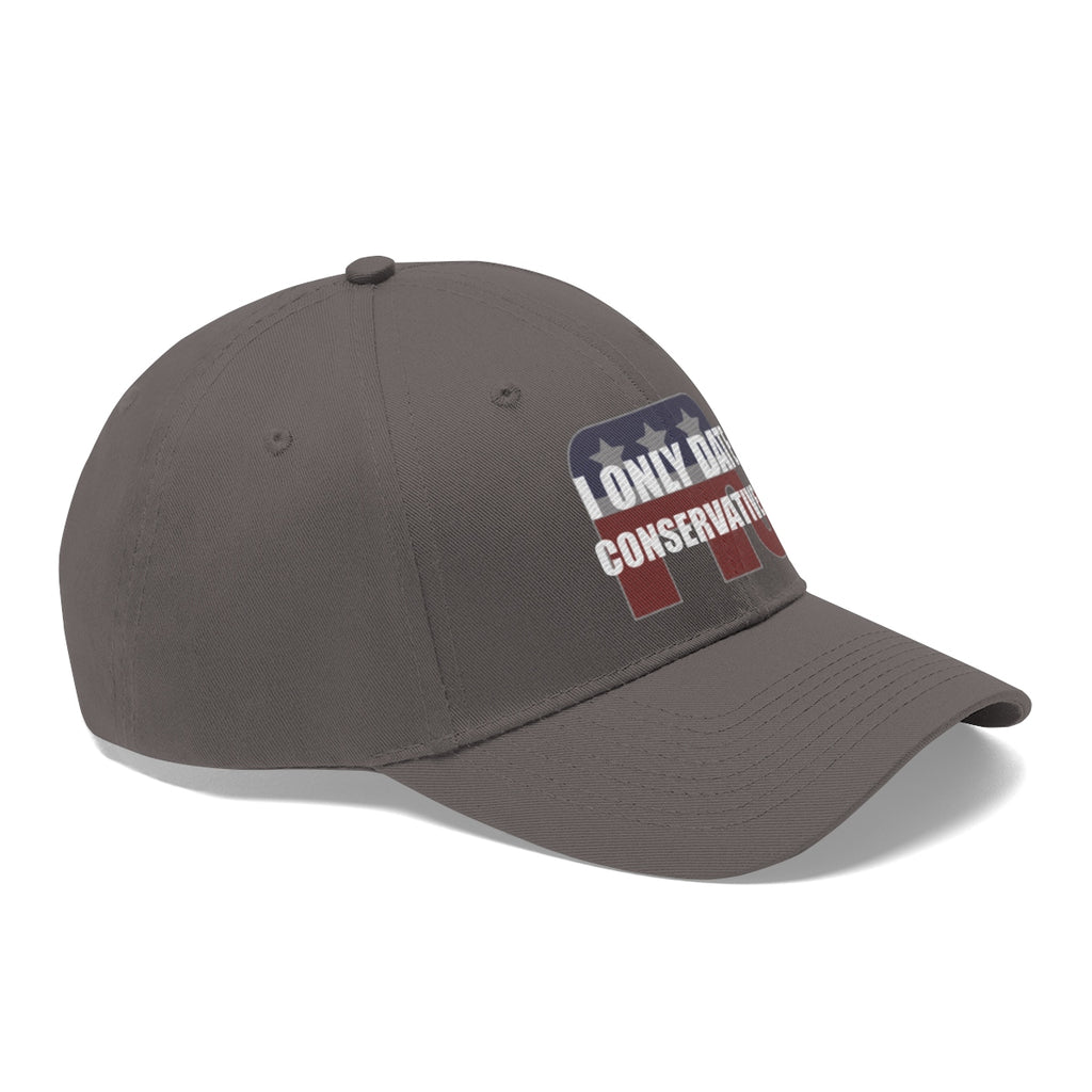 I Only Date Conservatives Twill Cap, stylish cap with political message and American flag design.