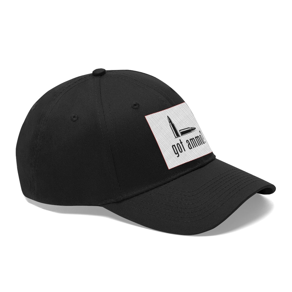 Got Ammo Twill Cap Funny Tactical Style Cap featuring a bullet design on a black dad hat.