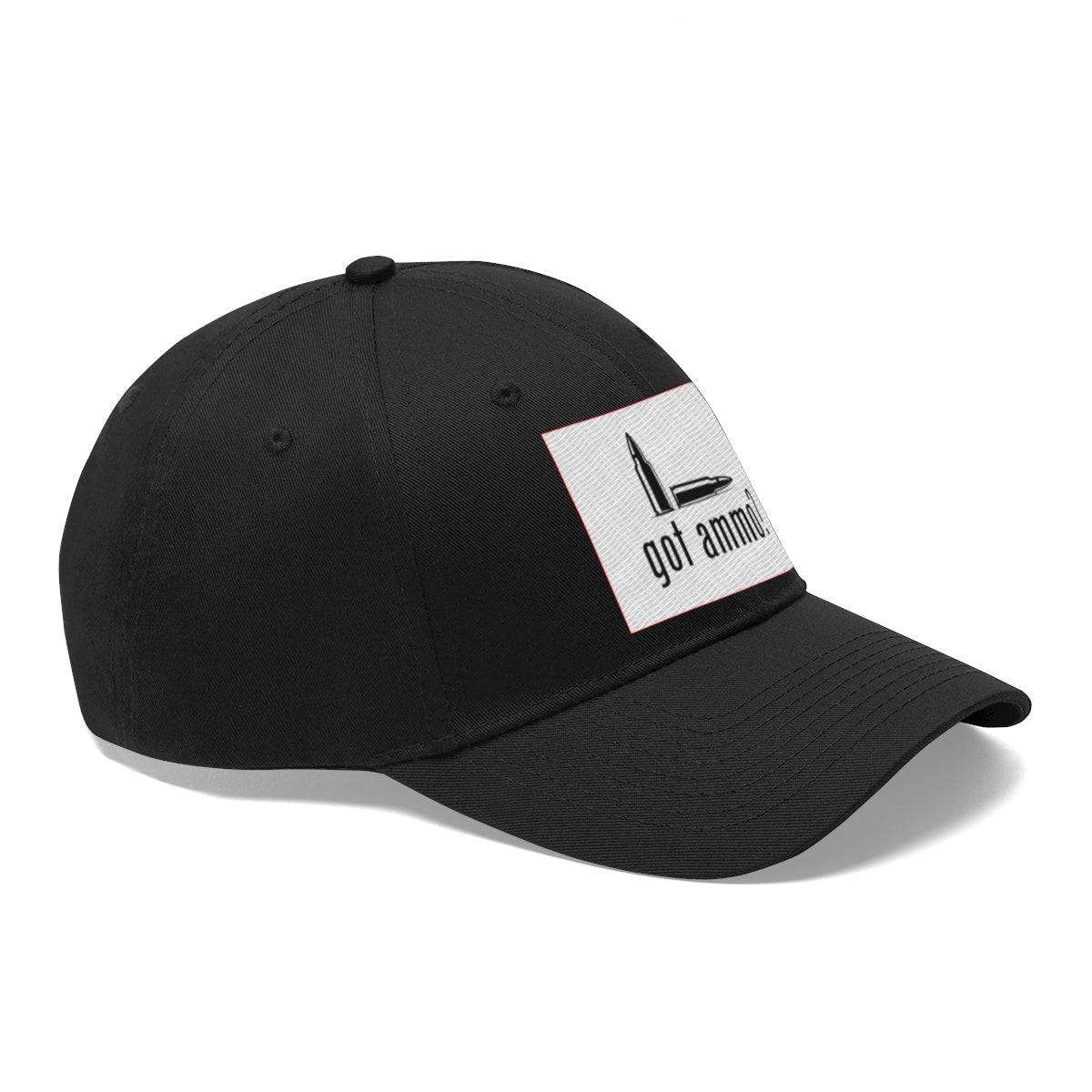 Got Ammo Twill Cap Funny Tactical Style Cap featuring a bullet design on a black dad hat.