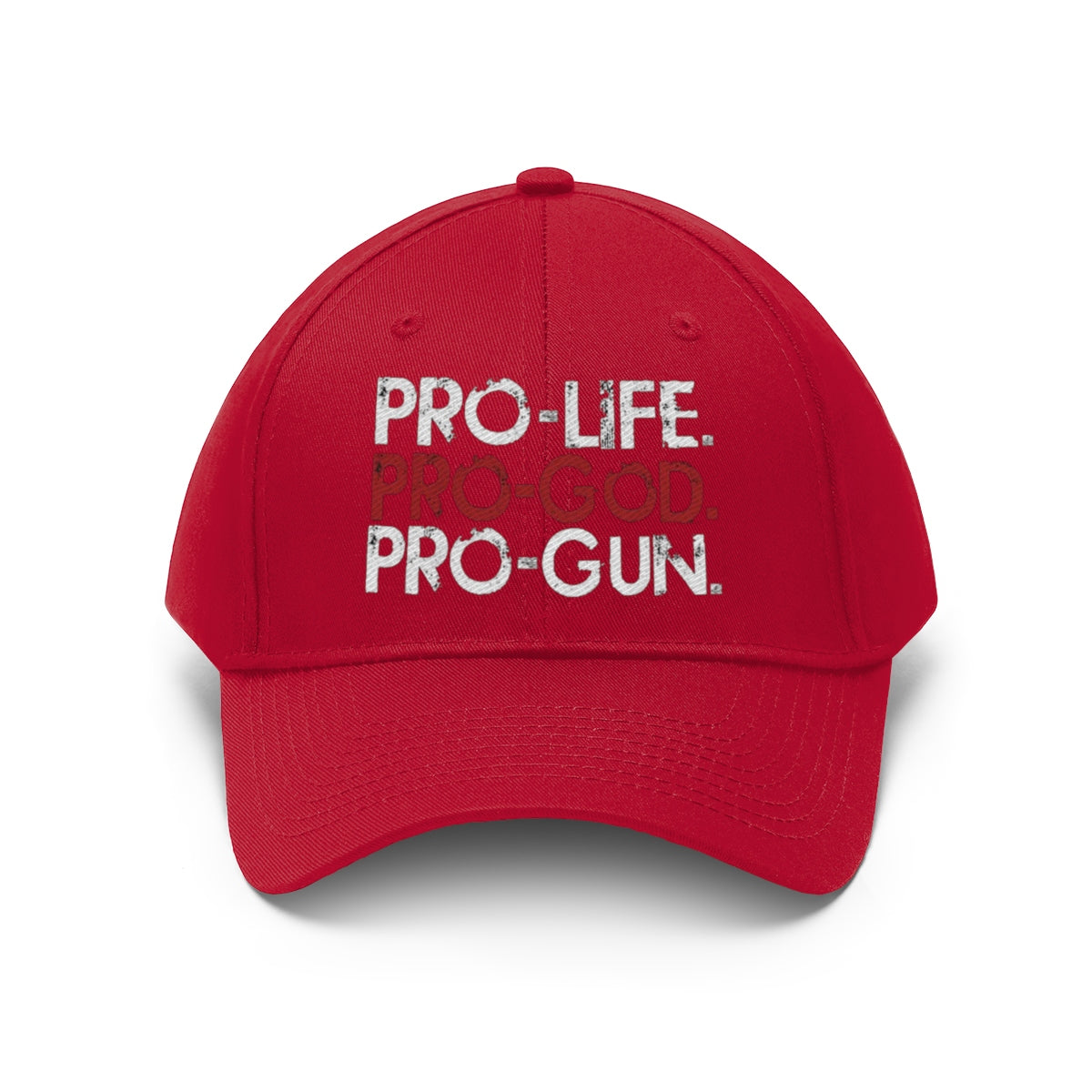 Pro-Life Pro-God Pro-Gun Cotton Twill Cap in red with bold text statement for conservative supporters.
