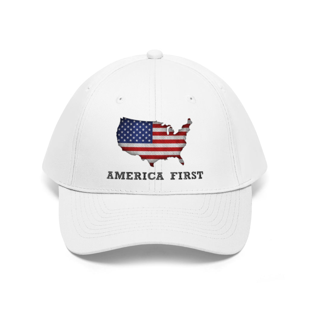 America First Twill Cap Bold USA Pride Casual Cap featuring US flag design on white background.