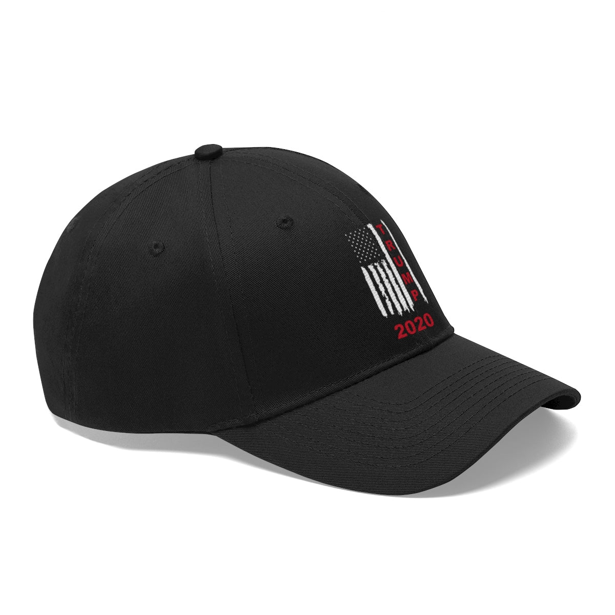 Trump 2020 Red On Distressed American Flag Twill Cap side view, black cap with American flag design.
