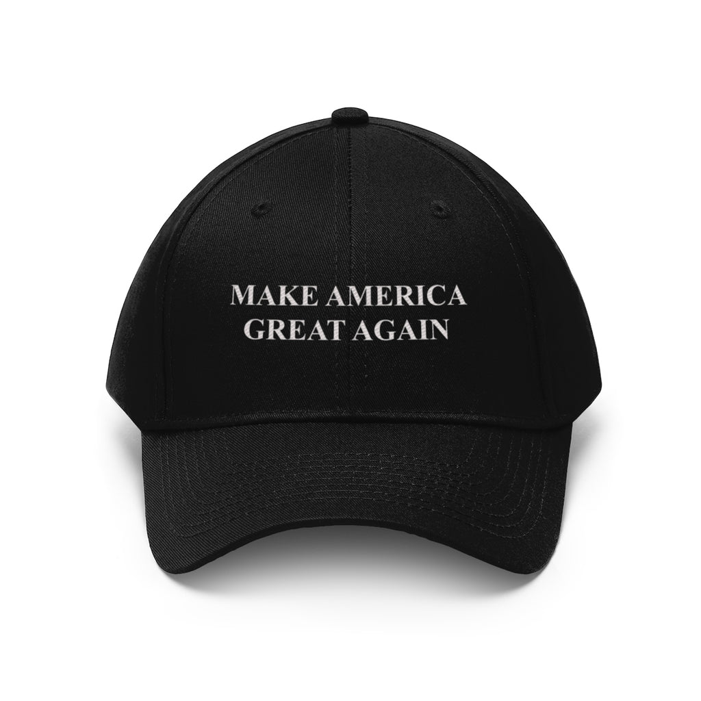 Make America Great Again Twill Cap black hat with white text for political supporters.