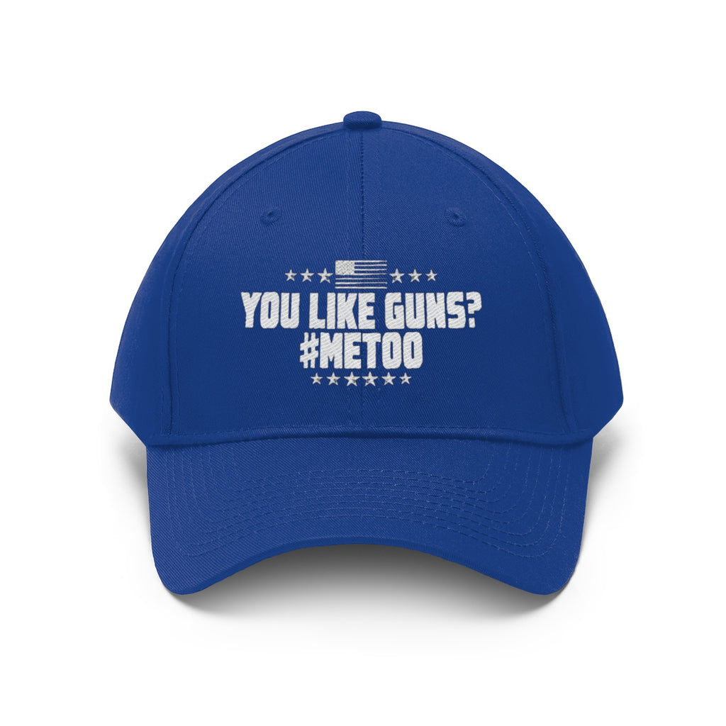You Like Guns Me Too Twill Cap in blue with white lettering and flag design showing patriotism and advocacy.