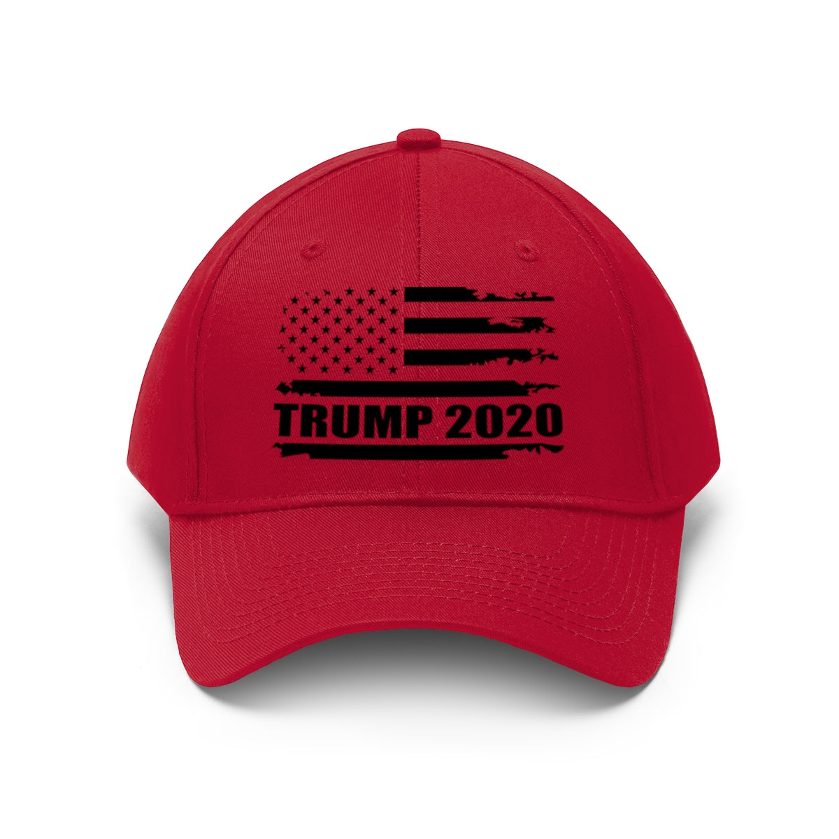 2020 Twill Cap Trump Bold Supporter Cap featuring a red design with a distressed American flag and 'TRUMP 2020' text.