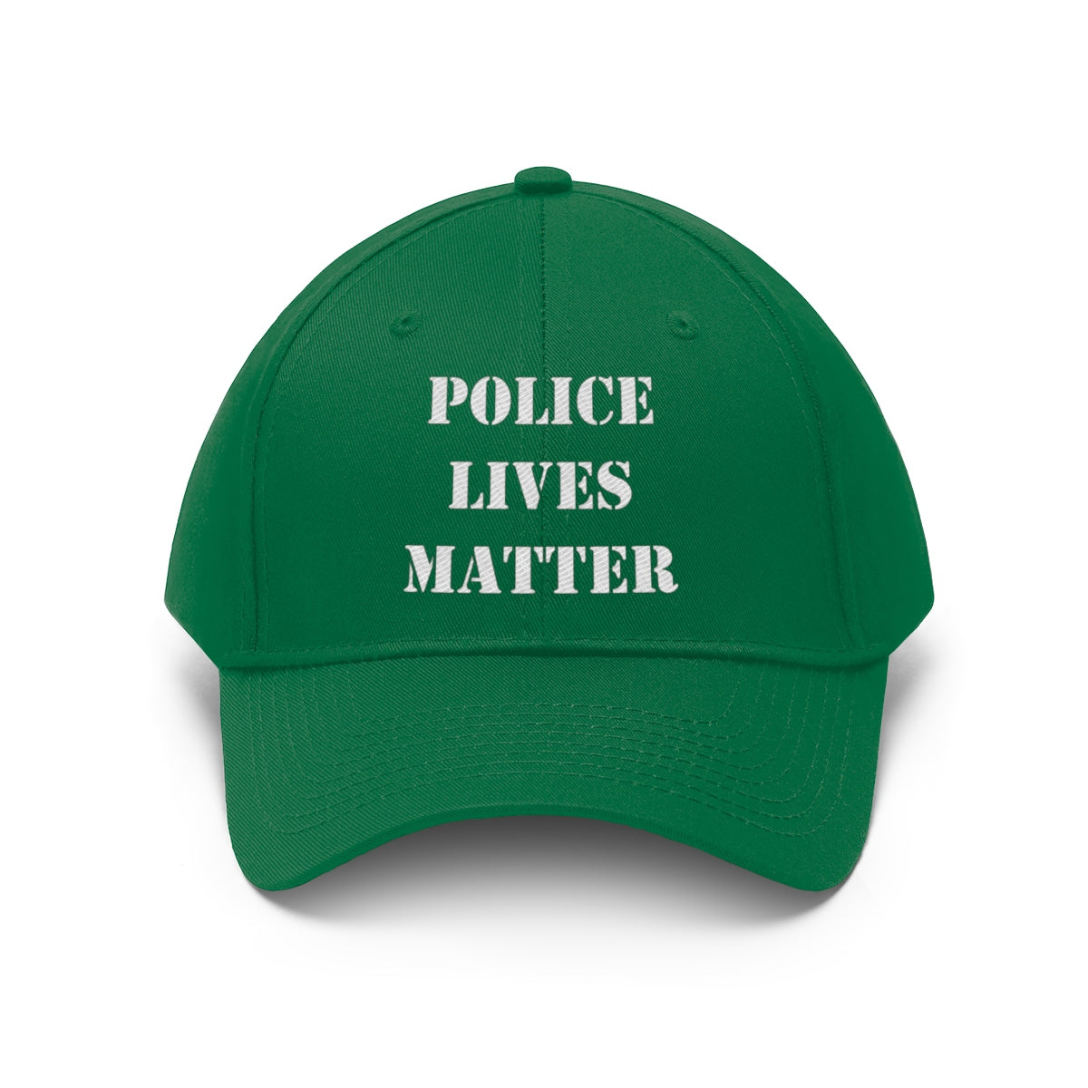 Embroidered Police Lives Matter Twill Cap with a green background and bold text on the front.
