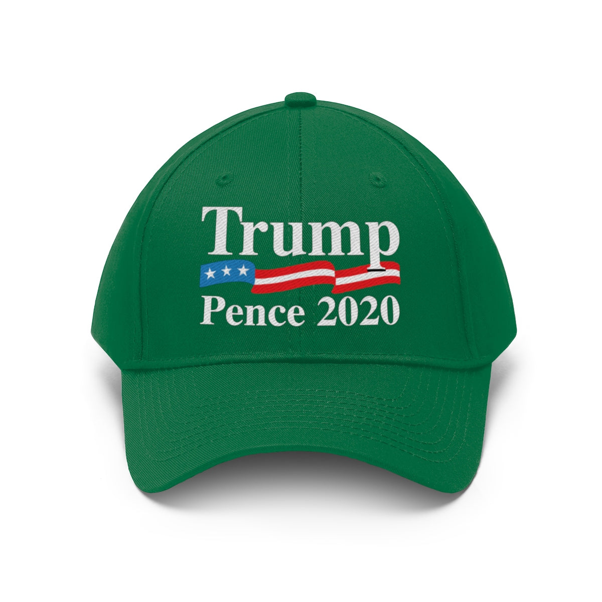 Trump Pence 2020 American Flag Twill Cap displayed on a green cap showcasing patriotic colors.