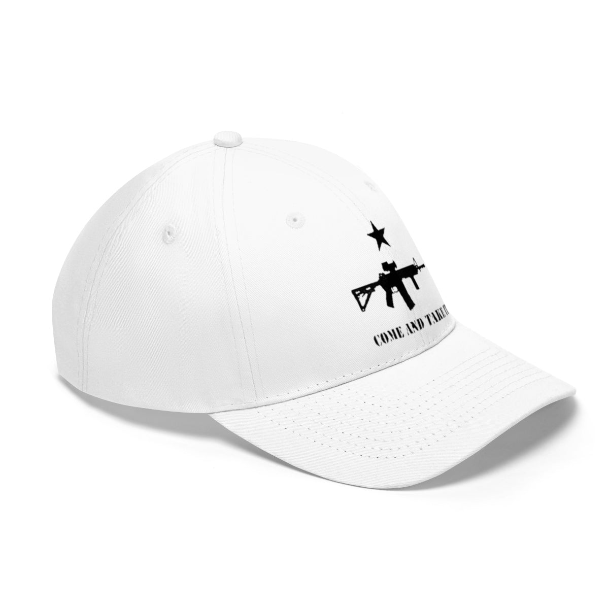 Come And Take It Star Over AR-15 Twill Cap featuring a bold design in black on a white dad hat.
