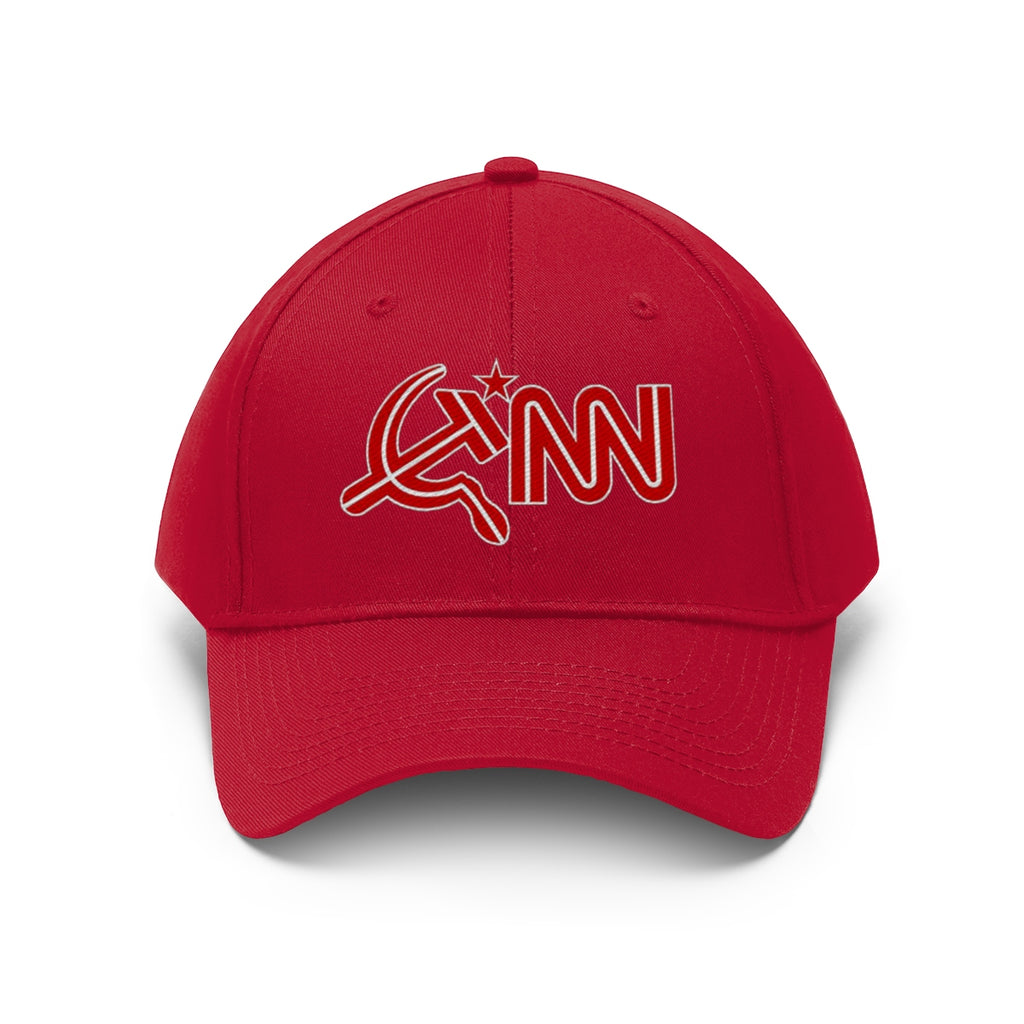 CNN With Hammer And Sickle Twill Cap featuring red fabric and political satire design.