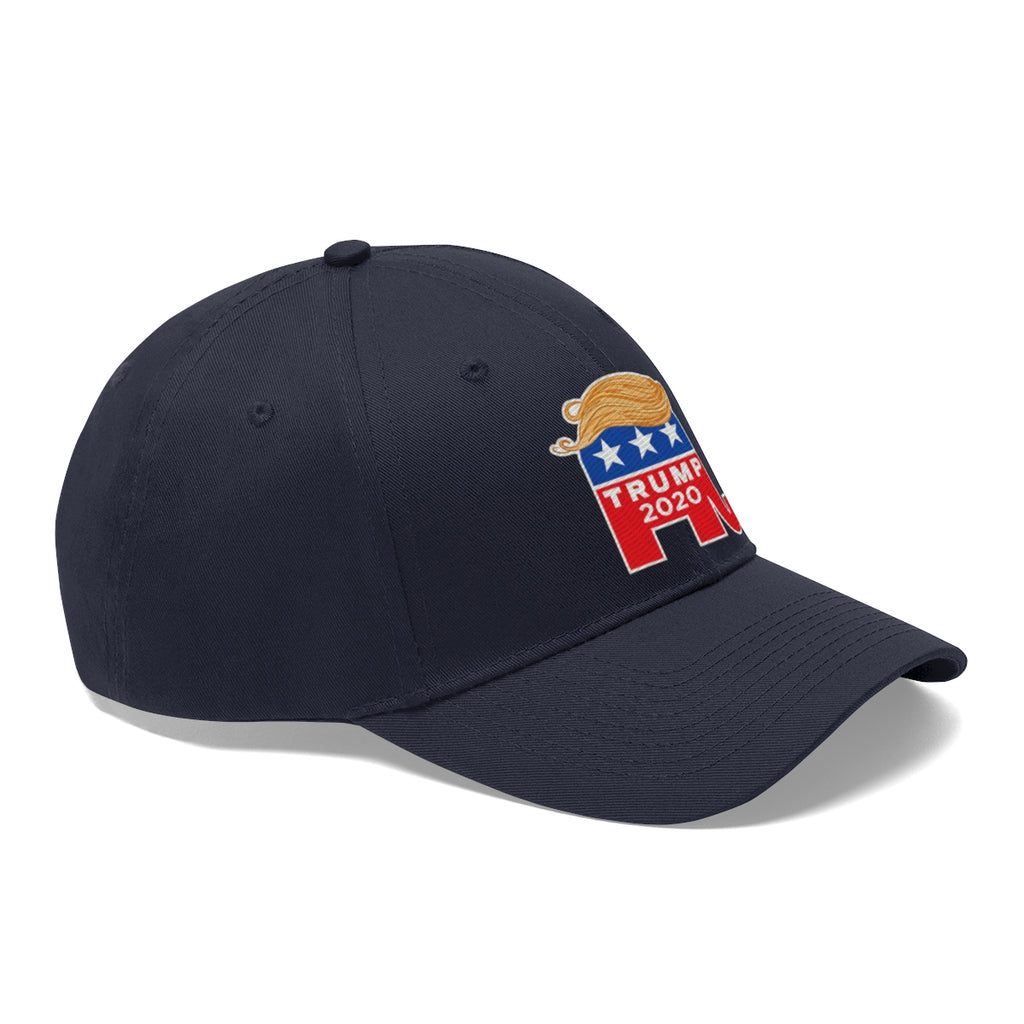 Hair 2020 Twill Baseball Cap Featuring Trump in navy blue with embroidered design.