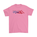 Pink t-shirt with Proud To Be An American Eagle Flag design and patriotic colors.