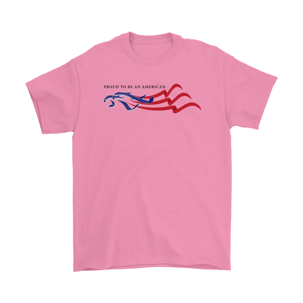 Pink t-shirt with Proud To Be An American Eagle Flag design and patriotic colors.