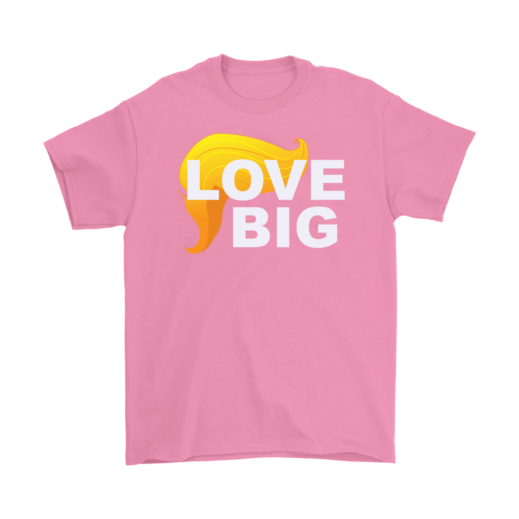 Love Big With Hair 2 Trump Humor Statement Tee in pink with graphic hair design.