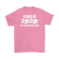 Class Of 2020 The Year Shit Got Real pink t-shirt with bold text and toilet paper graphics highlighting resilience and adaptability of graduates.