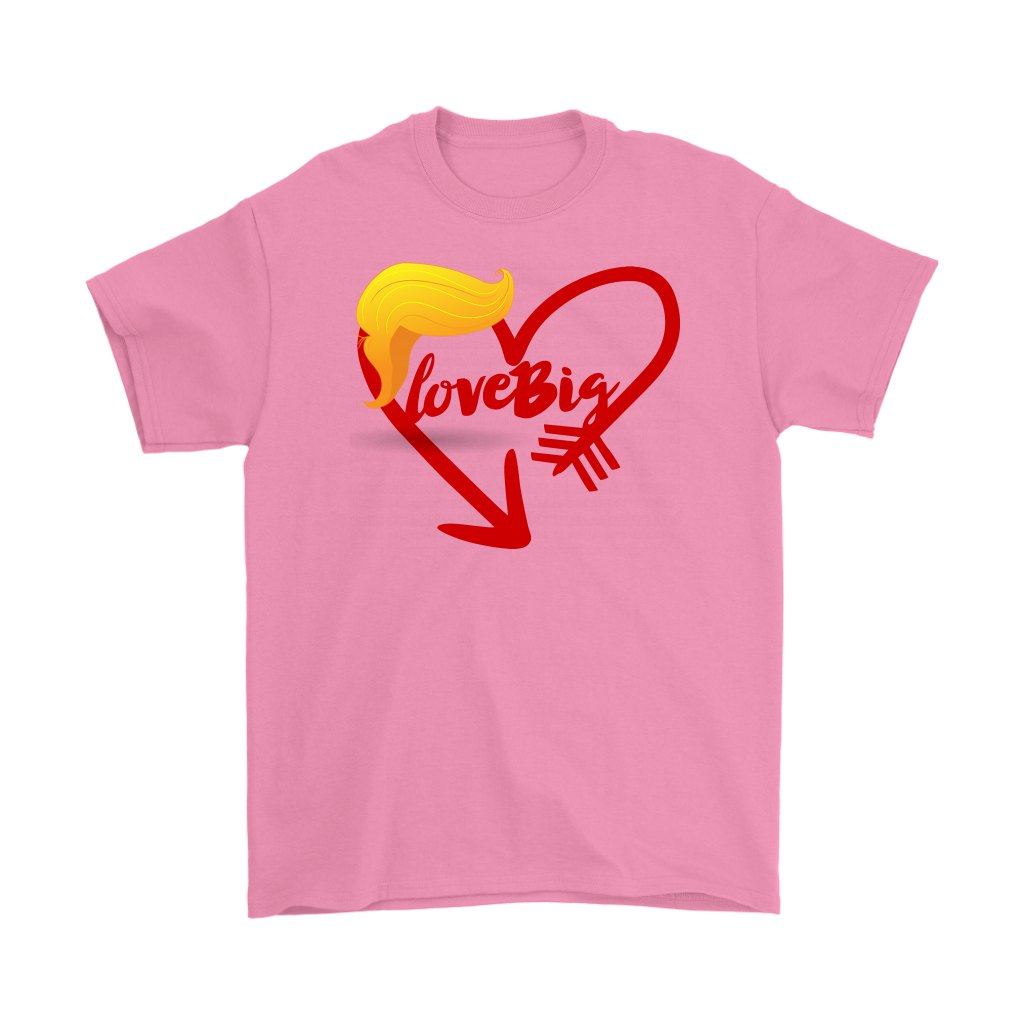 Love Big with Trump Hair Graphic Tee in pink with heart and arrow design