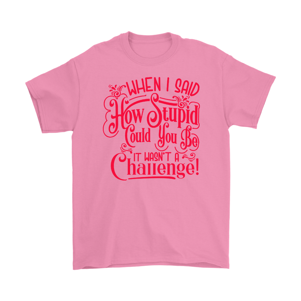 Pink t-shirt with "When I Said How Stupid Could You Be It Wasn't A Challenge" printed in red.