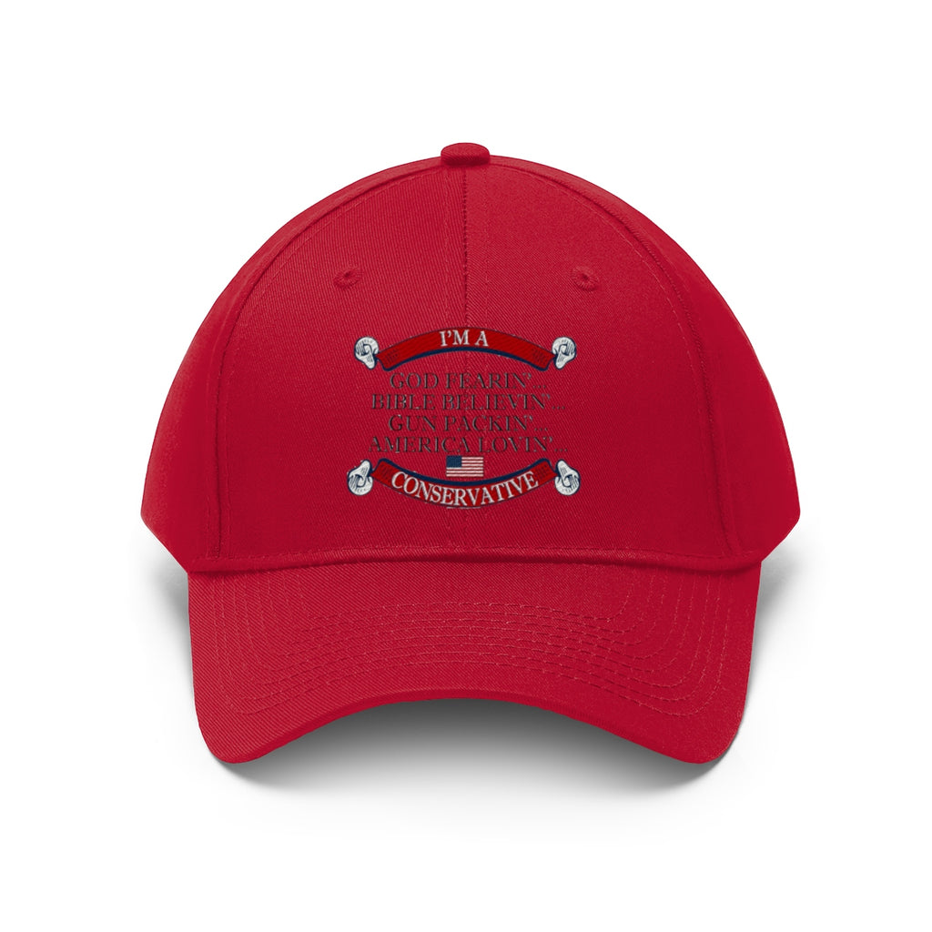America Lovin' Conservative Twill Cap in red featuring bold patriotic text and accents.