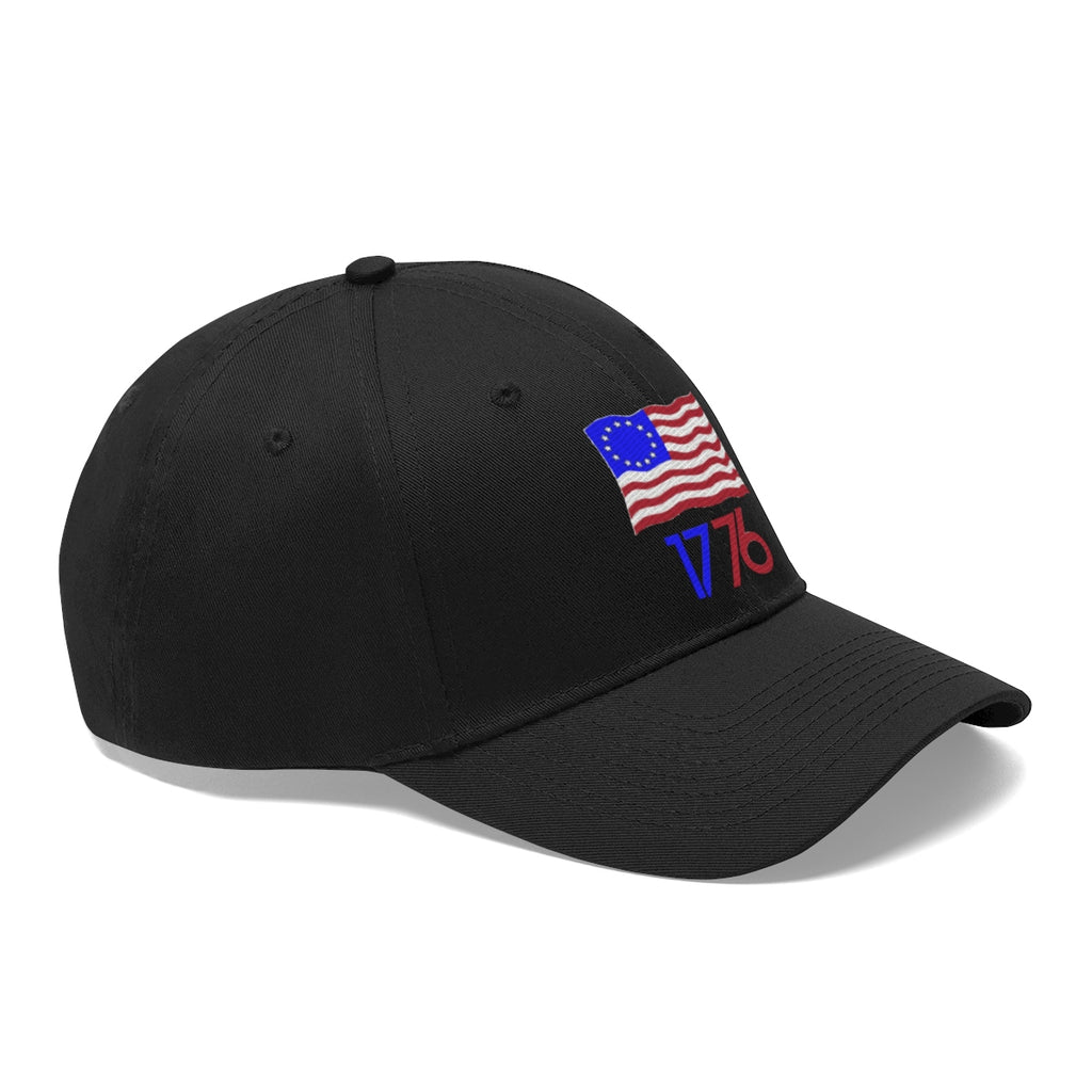 Betsy Ross Flag 1776 Twill Cap with embroidered flag and 1776 design, black cap perfect for patriotic fashion statements.