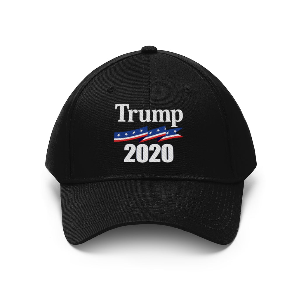 Patriotic 2020 Twill Cap for Trump featuring a stylish black design with Trump 2020 logo.