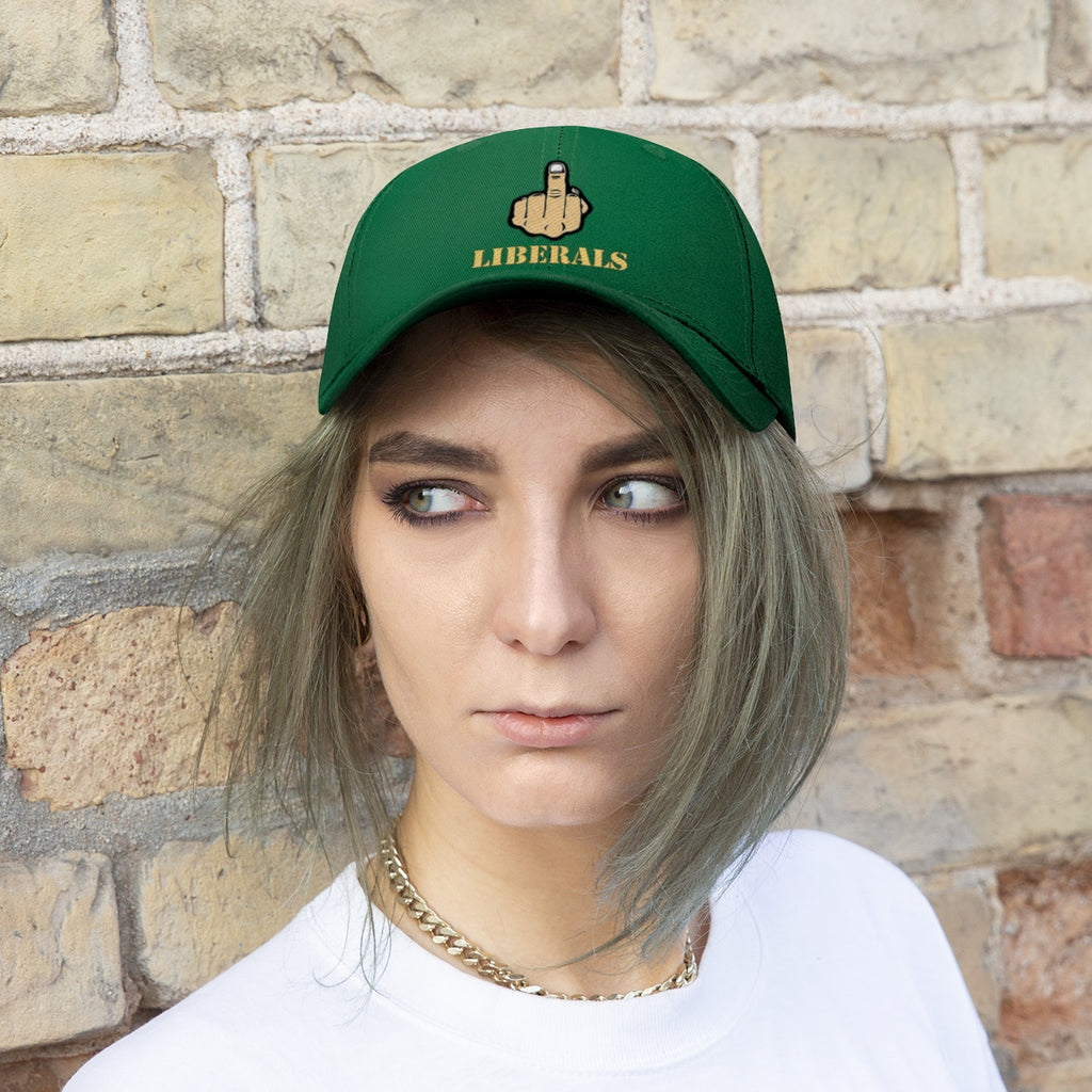 Vintage Fuck Liberals Cotton Twill Cap Design on a model with a green cap featuring a provocative design.