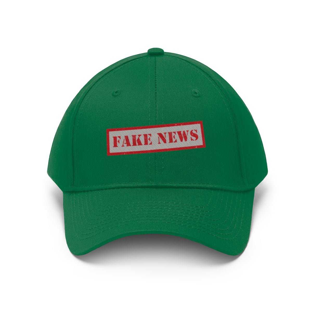 Fake News Twill Cap Bold Humor Casual Wear Hat in green with bold red lettering.