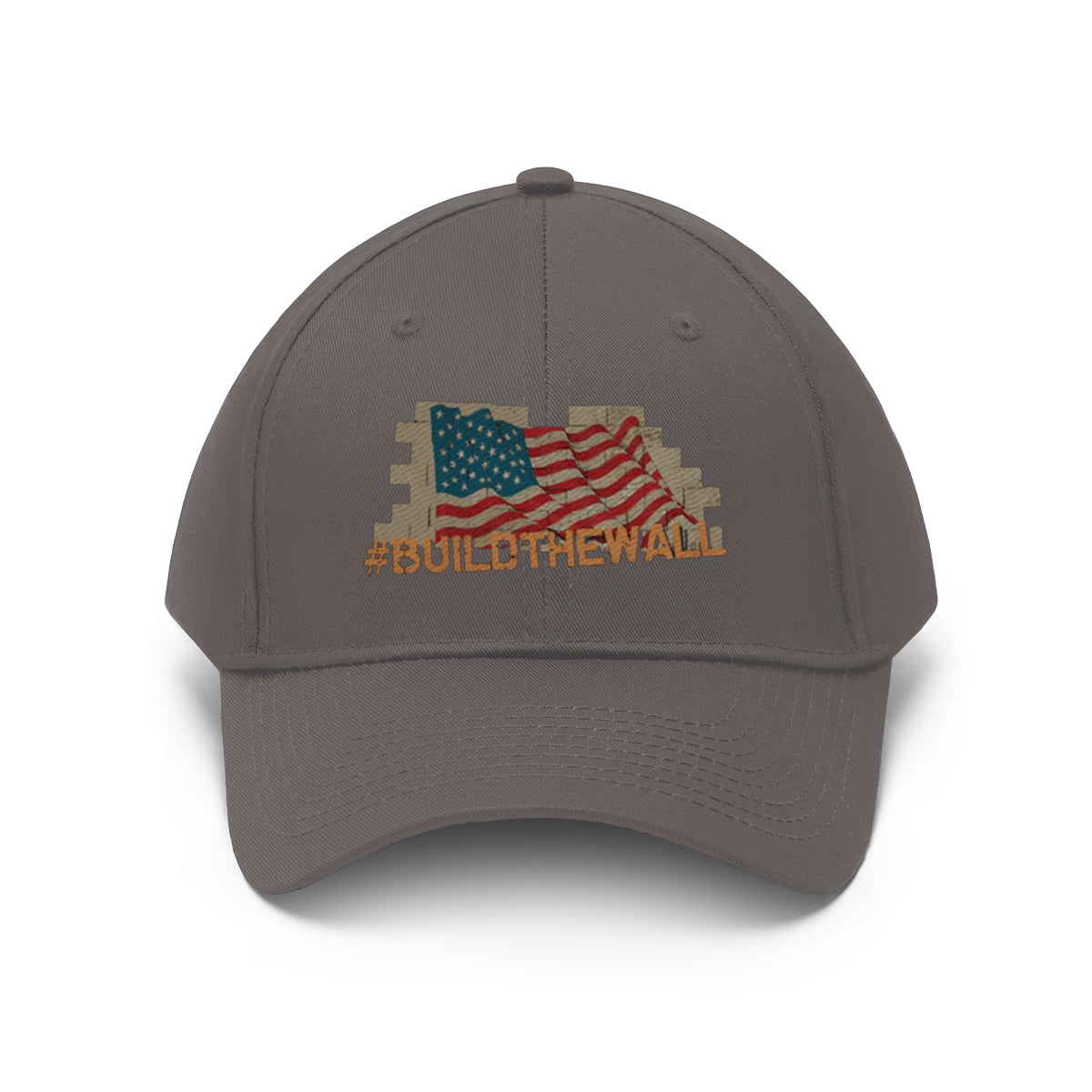 Build The Wall On American Flag Twill Cap featuring an American flag design and bold messaging.