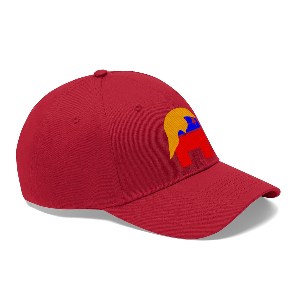 GOP Symbol With Trump Hair Twill Cap featuring a bold red color and iconic design for passionate patriots.