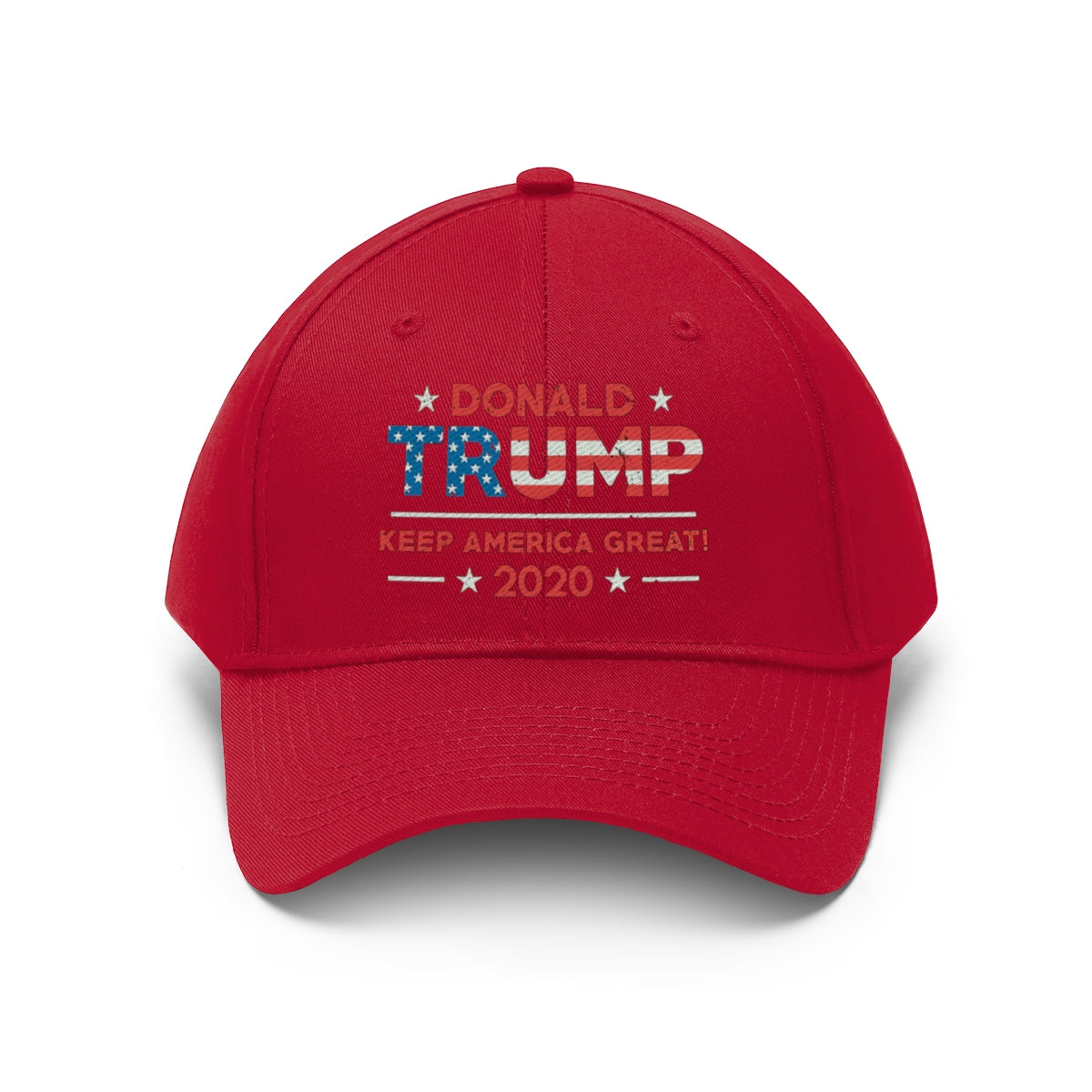 Donald Trump Keep America Great 2020 Twill Cap in red featuring patriotic slogan and design.