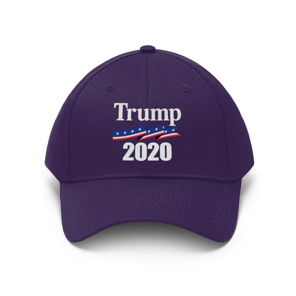 Patriotic 2020 Twill Cap for Trump featuring bold political messaging and a stylish design.