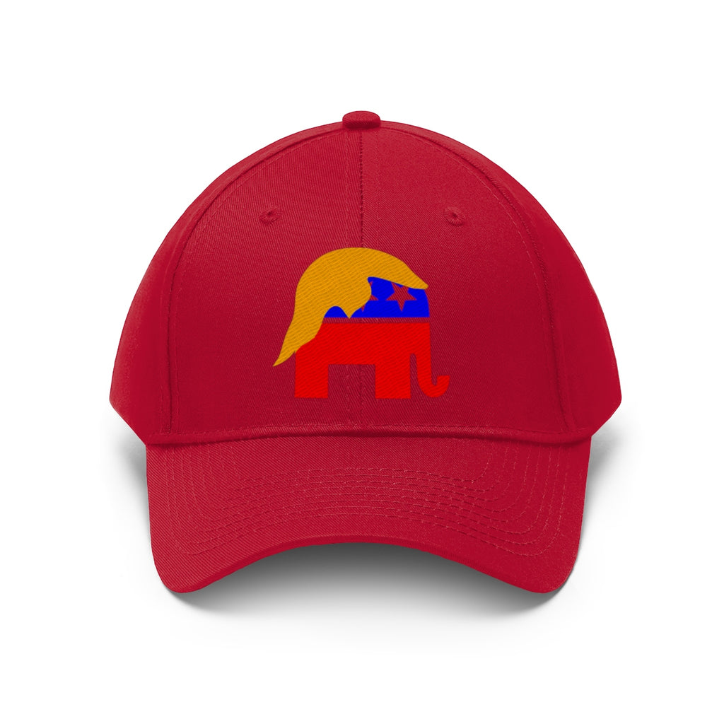 GOP Symbol With Trump Hair Twill Cap featuring an elephant design on a red baseball hat.
