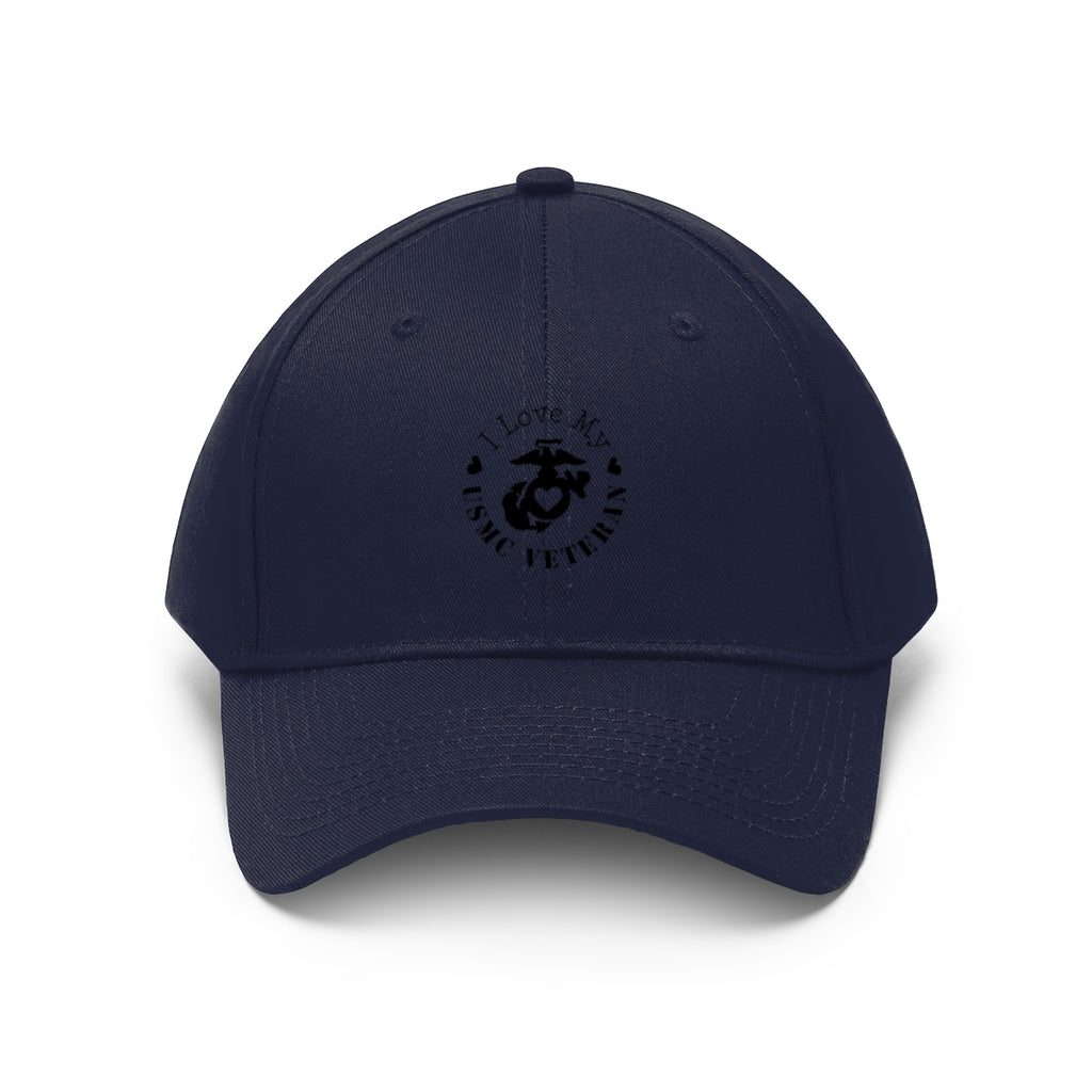 I Love My USMC Veteran Twill Cap navy hat with embroidered USMC logo, perfect for proud military supporters.